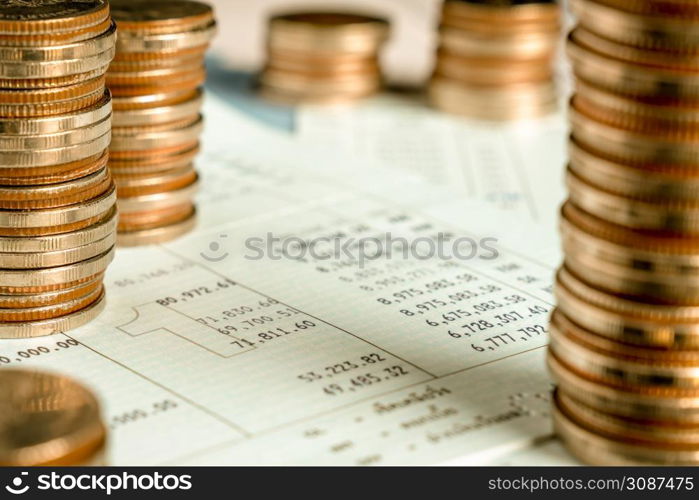 Pile of gold coins money stack in finance treasury deposit bank account saving . Concept of corporate business economy and financial growth by investment in valuable asset to gain cash revenue .. Pile of gold coins money stack in finance treasury deposit bank account saving