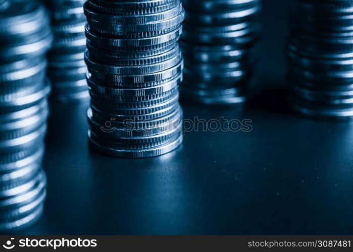 Pile of gold coins money stack in finance treasury deposit bank account saving . Concept of corporate business economy and financial growth by investment in valuable asset to gain cash revenue .. Pile of gold coins money stack in finance treasury deposit bank account saving