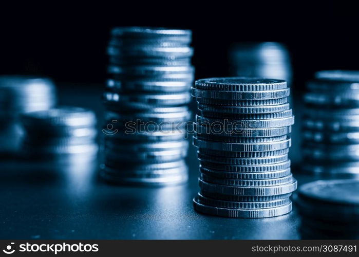 Pile of gold coins money stack in finance treasury deposit bank account saving . Concept of corporate business economy and financial growth by investment in valuable asset to gain cash revenue .. Pile of gold coins money stack in finance treasury deposit bank account saving