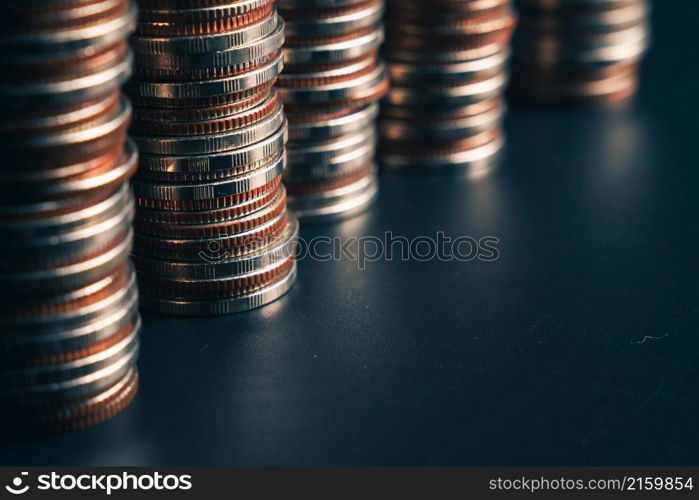 Pile of gold coins stack in finance treasury deposit bank account for saving . Concept of corporate business economy and financial growth by investment in valuable asset to gain cash revenue profit .. Pile of gold coins stack in finance treasury deposit bank account for saving