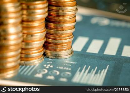 Pile of gold coins stack in finance treasury deposit bank account for saving . Concept of corporate business economy and financial growth by investment in valuable asset to gain cash revenue profit .. Pile of gold coins stack in finance treasury deposit bank account for saving