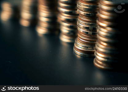 Pile of gold coins stack in finance treasury deposit bank account for saving . Concept of corporate business economy and financial growth by investment in valuable asset to gain cash revenue profit .. Pile of gold coins stack in finance treasury deposit bank account for saving