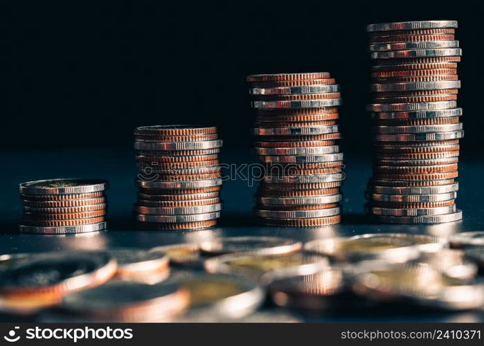 Pile of gold coins stack in finance treasury deposit bank account for saving . Concept of corporate business economy and financial growth by investment in valuable asset to gain cash revenue profit .. Pile of gold coins stack in finance treasury deposit bank account for saving