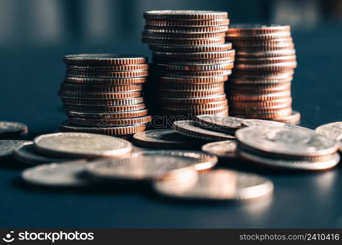 Pile of gold coins stack in finance treasury deposit bank account for saving . Concept of corporate business economy and financial growth by investment in valuable asset to gain cash revenue profit .. Pile of gold coins stack in finance treasury deposit bank account for saving