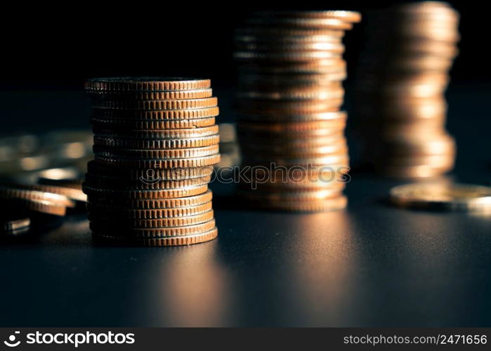 Pile of gold coins stack in finance treasury deposit bank account for saving . Concept of corporate business economy and financial growth by investment in valuable asset to gain cash revenue profit .. Pile of gold coins stack in finance treasury deposit bank account for saving