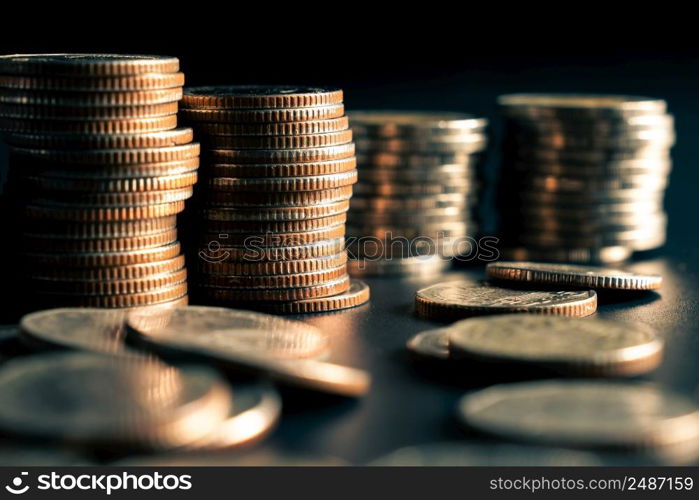 Pile of gold coins stack in finance treasury deposit bank account for saving . Concept of corporate business economy and financial growth by investment in valuable asset to gain cash revenue profit .. Pile of gold coins stack in finance treasury deposit bank account for saving