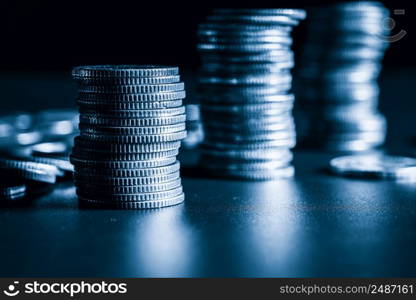 Pile of gold coins stack in finance treasury deposit bank account for saving . Concept of corporate business economy and financial growth by investment in valuable asset to gain cash revenue profit .. Pile of gold coins stack in finance treasury deposit bank account for saving