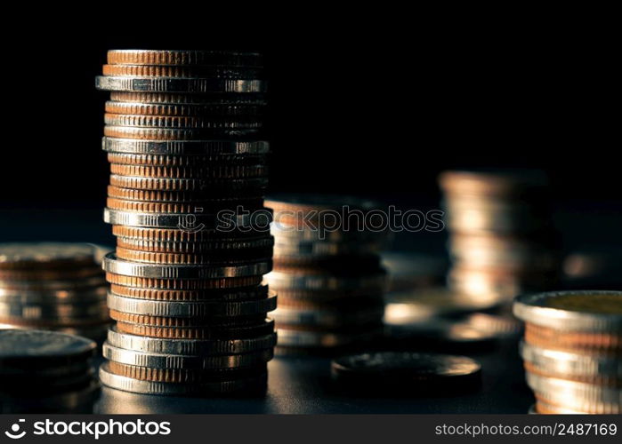 Pile of gold coins stack in finance treasury deposit bank account for saving . Concept of corporate business economy and financial growth by investment in valuable asset to gain cash revenue profit .. Pile of gold coins stack in finance treasury deposit bank account for saving