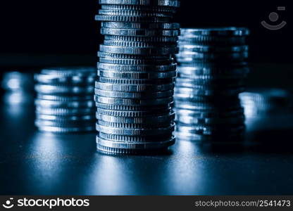 Pile of gold coins stack in finance treasury deposit bank account for saving . Concept of corporate business economy and financial growth by investment in valuable asset to gain cash revenue profit .. Pile of gold coins stack in finance treasury deposit bank account for saving