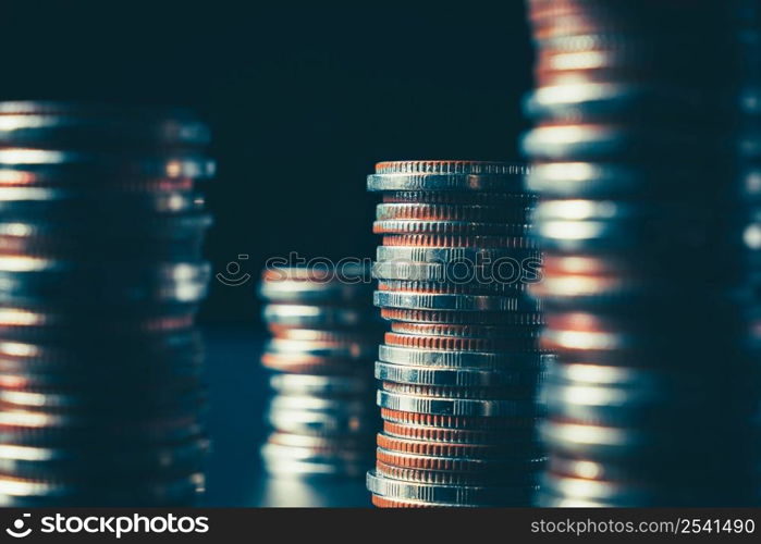 Pile of gold coins stack in finance treasury deposit bank account for saving . Concept of corporate business economy and financial growth by investment in valuable asset to gain cash revenue profit .. Pile of gold coins stack in finance treasury deposit bank account for saving