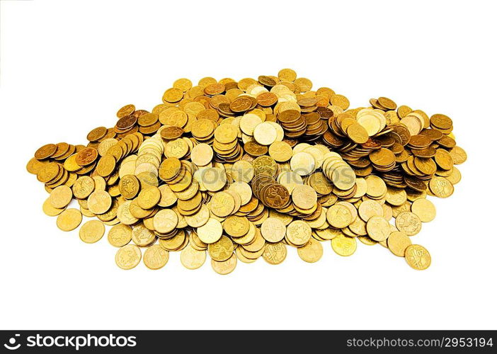 Pile of golden coins isolated on white