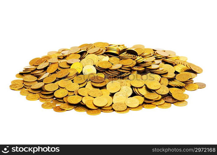 Pile of golden coins isolated on white