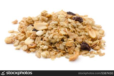 Pile of granola cereal with raisins and nuts isolated on white