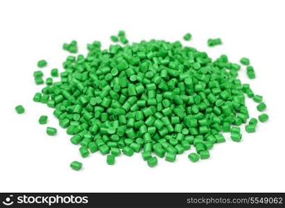 Pile of green polymer granules isolated on white