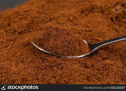 Pile of ground coffee and a metal spoon close up