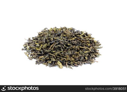 Pile of loose jasmine green tea isolated on white background