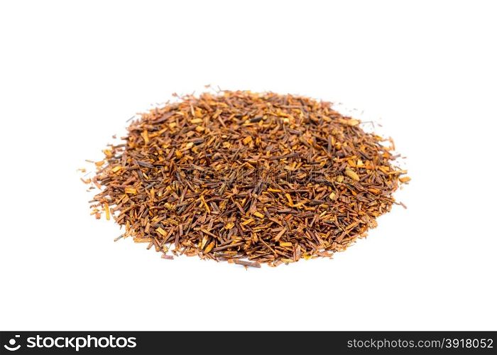 Pile of loose South African red tea or bush tea isolated on white background