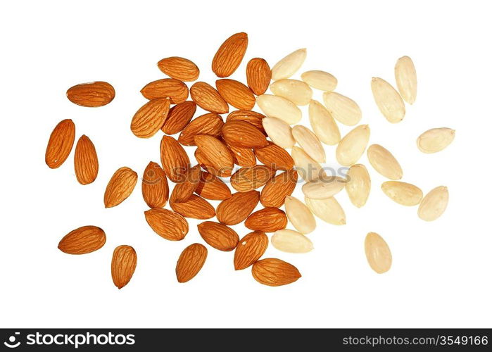 Pile of mixed almonds isolated on white