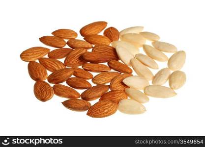 Pile of mixed almonds isolated on white