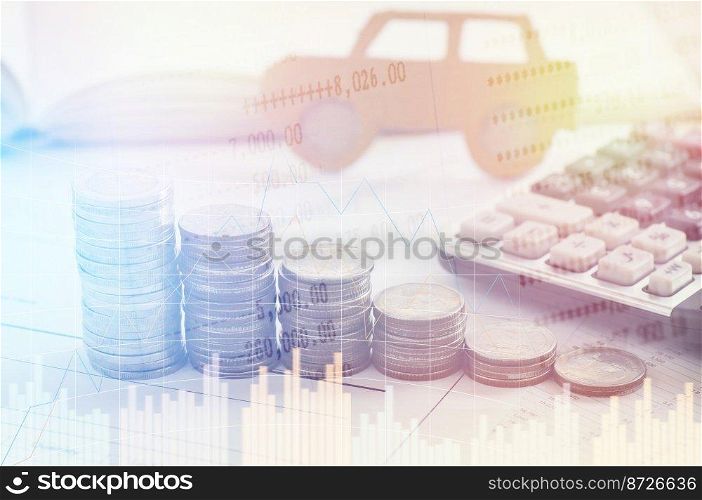 pile of money coins and key, concept in insurance,loan,finance and buying car background