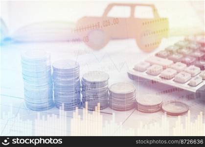pile of money coins and key, concept in insurance,loan,finance and buying car background