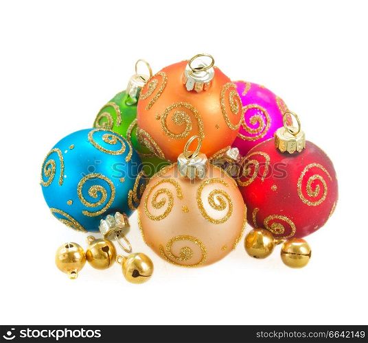 Pile of  multicolored christmas balls isolated on white background