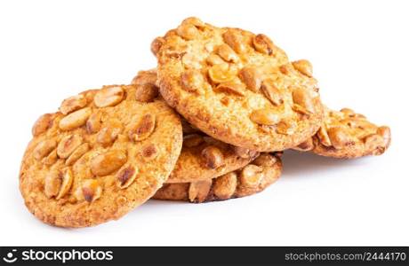Pile of oatmeal cookies with nuts isolated on white background. Pile of oatmeal cookies with nuts