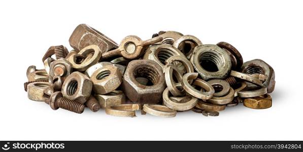 Pile of old fasteners isolated on white background