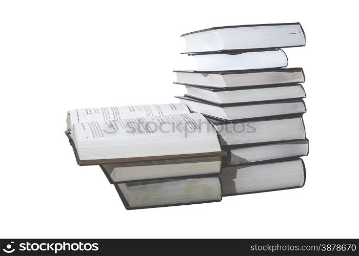 Pile of opened books isolated on white background