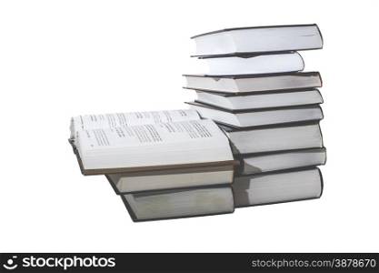 Pile of opened books isolated on white background