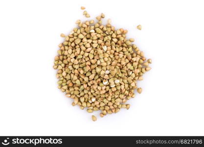 Pile of organic bio buckwheat raw on white background
