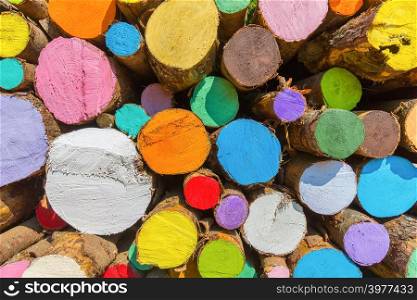 Pile of painted tree trunks with mixed colors