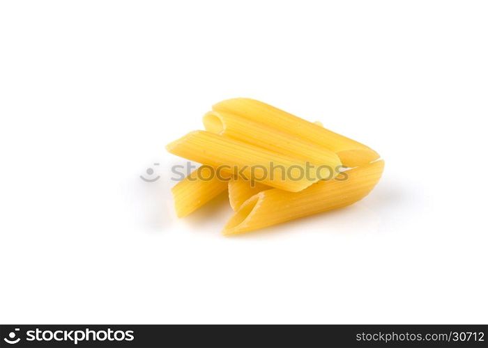 pile of penne pasta in balance on white background