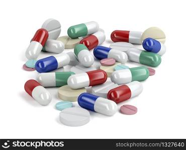 Pile of pills and capsules on white background