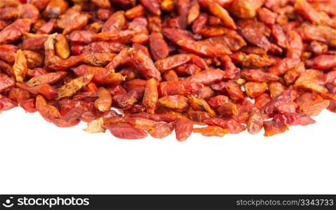 pile of Piri Piri peppers isolated on white background (close-up picture, shallow depth of field)