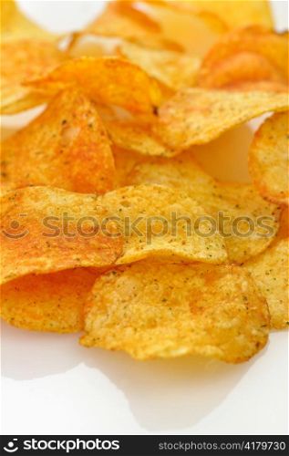 Pile of potato chips, close up shot
