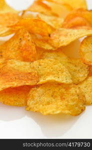 Pile of potato chips, close up shot