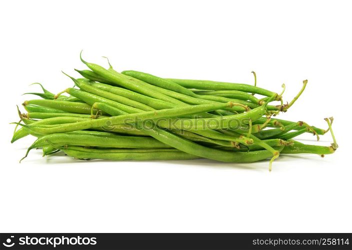Pile of raw green baby fine beans on a white background