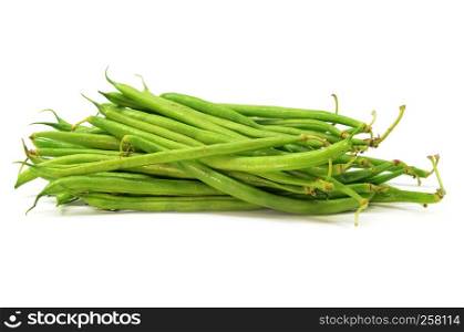 Pile of raw green baby fine beans on a white background