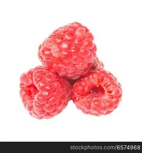 Pile of red ripe raspberries isolated on white background