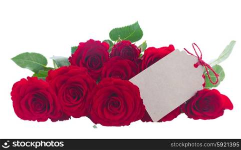 pile of red roses. pile of vivd red roses with empty paper note isolated on white background