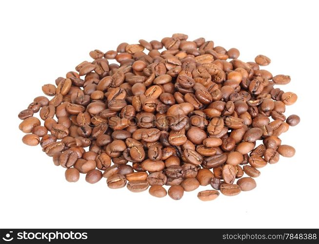 Pile of roasted black coffee beans. Isolated on white background. Close-up. Studio photography.