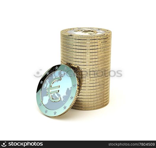 Pile of shiny stylized euro coins isolated on white