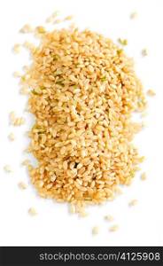 Pile of short brown rice grains isolated on white background