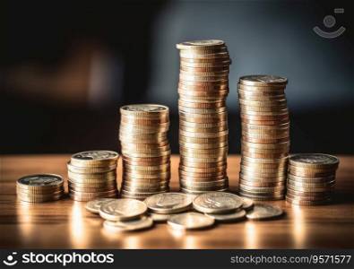 pile of silver coins stack and growing money graph on rows. Income, profits, finance, Investment, Interest and Saving money concept.