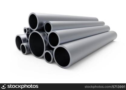 Pile of steel pipes isolated on white background.