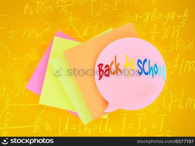 Pile of stickers on yellow background with math formulas. Set of stickers