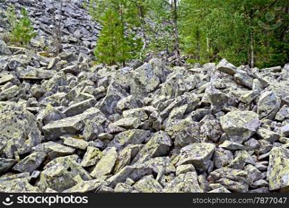 Pile of stones with yellow crumbled mold and trees