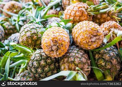 Pile of tropical fruits pineapples at market. Can be used as food background
