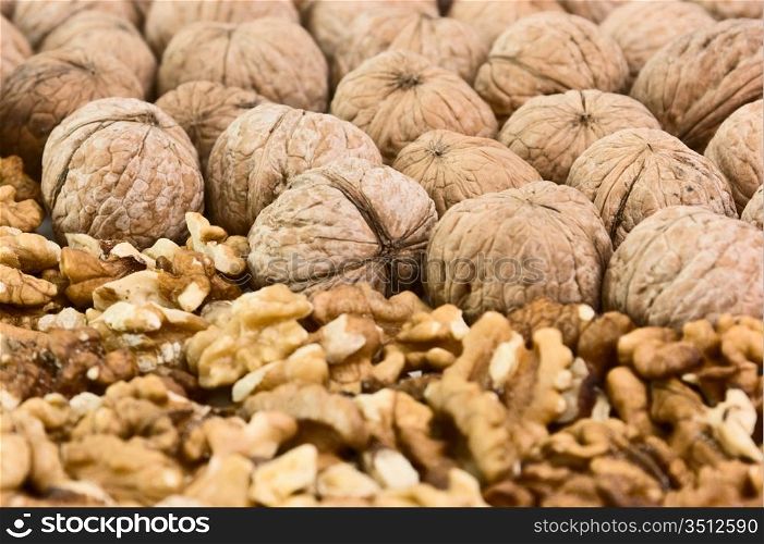 pile of walnuts nuts broken